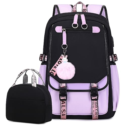 Bevalsa Schulrucksack Mädchen Teenager Schulranzen mit Schultaschen Set, Freizeit Rucksack Groß 20L Wasserdicht School Bag Backpack Casual Daypacks für Kinder Damen (Violett) von Bevalsa