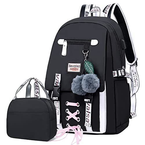 Bevalsa Schulrucksack Mädchen Teenager Damen Schulranzen Schultasche Modisch Freizeit Rucksack Campus Laptop Backpack 47cm 24 litres groß Nylon Wasserdicht Daypack (Schwarz Kit) von Bevalsa