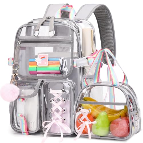 Bevalsa Klarer Rucksack, Transparente PVC-Buch-Tasche Schulrucksack Mädchen Teenager Schulranzen mit Lunchtasche, Wasserdicht Durchsichtig Strapazierfähige für Schule Hochschule Sport und Beruf von Bevalsa