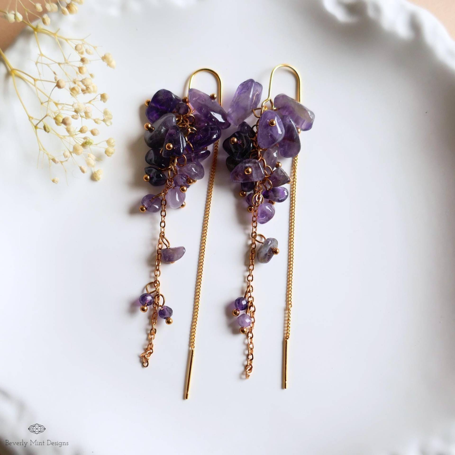 Amethyst Cluster Threader Ohrringe Gold Kette Baumeln Statement Edelstein Schmuck Lila Geschenk Für Sie Handgemacht von BeverlyMintDesigns