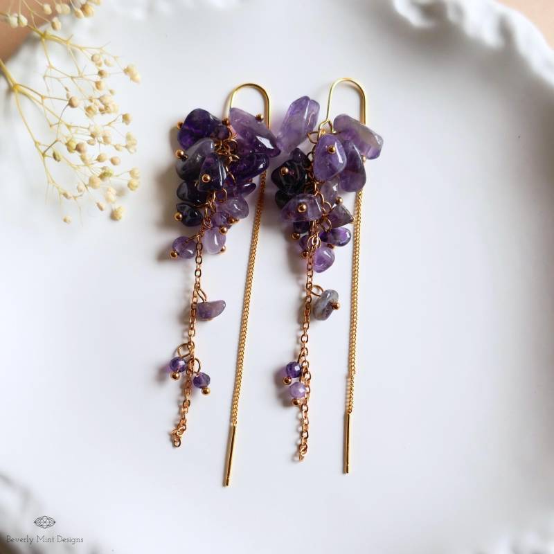 Amethyst Cluster Threader Ohrringe Gold Kette Baumeln Statement Edelstein Schmuck Lila Geschenk Für Sie Handgemacht von BeverlyMintDesigns