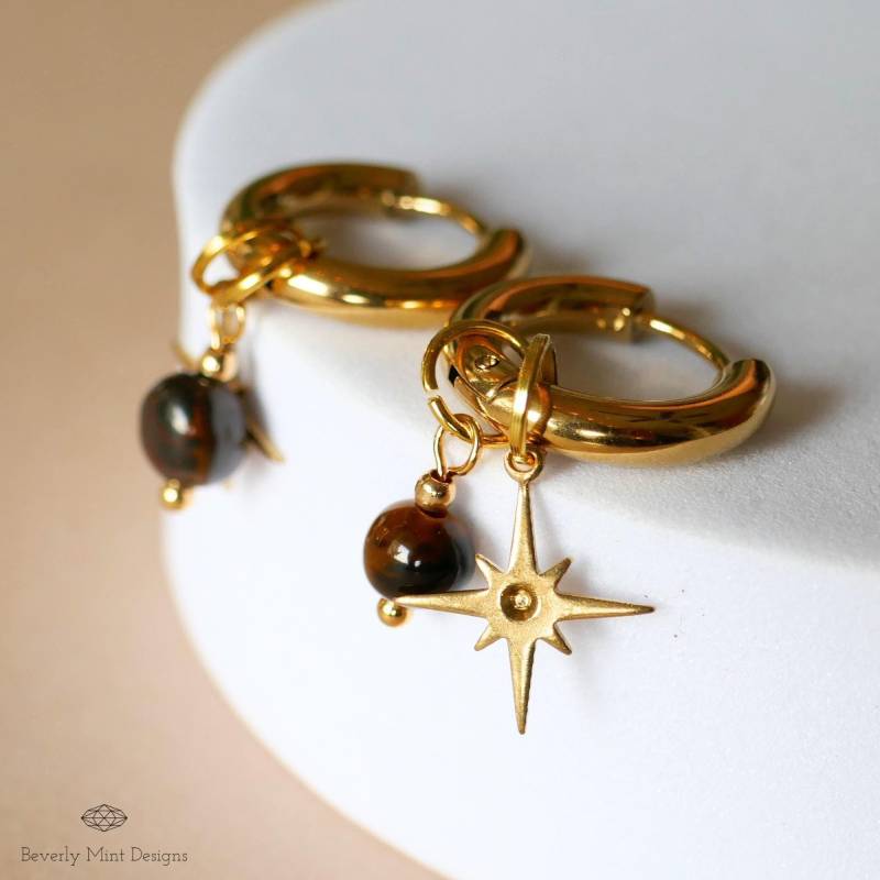 Gold Stern Hoop Ohrringe, Tigerauge Minimalist Dangle Creolen, 18K Huggie Chunky Hoops, Weihnachtsgeschenk von BeverlyMintDesigns