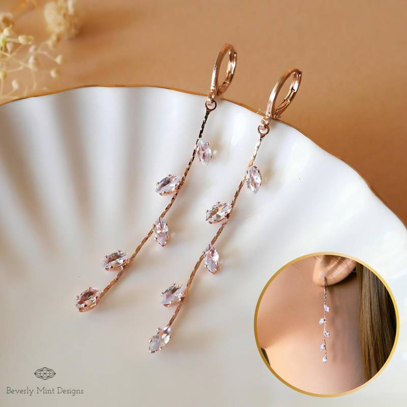 Rose Gold Ohrringe, Blätter Lange Baumeln Belaubte Brautjungfer Schmuck, Hochzeitsgeschenk, Weihnachtsgeschenk von BeverlyMintDesigns