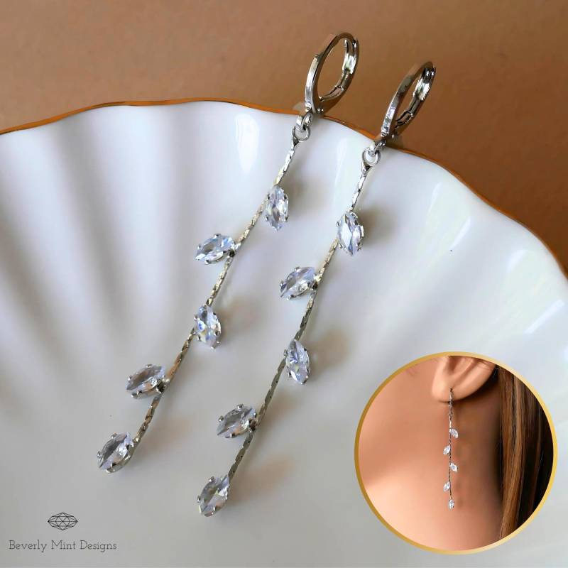 Silber Blatt Ohrringe, Blätter Platin Überzogene Lange Brautjungfer Schmuck, Hochzeitsgeschenk, Weihnachtsgeschenk von BeverlyMintDesigns