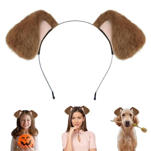 Beviliu Hundeohren Golden Beweglich Realistische Tiere Ohren Stirnband Braun Flauschige Katze Häschen Bär Kostüm Halloween Weihnachten zum Waschen Make-up Cosplay Geburtstagsfeier von Beviliu
