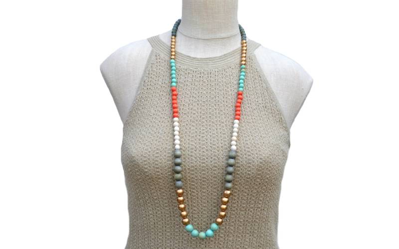 Lange Boho Holzperlenkette Mint, Gold, Grau & Orange Lange Boho Holzperlenkette Mint, Gold, Grau & Orange von BevinBold