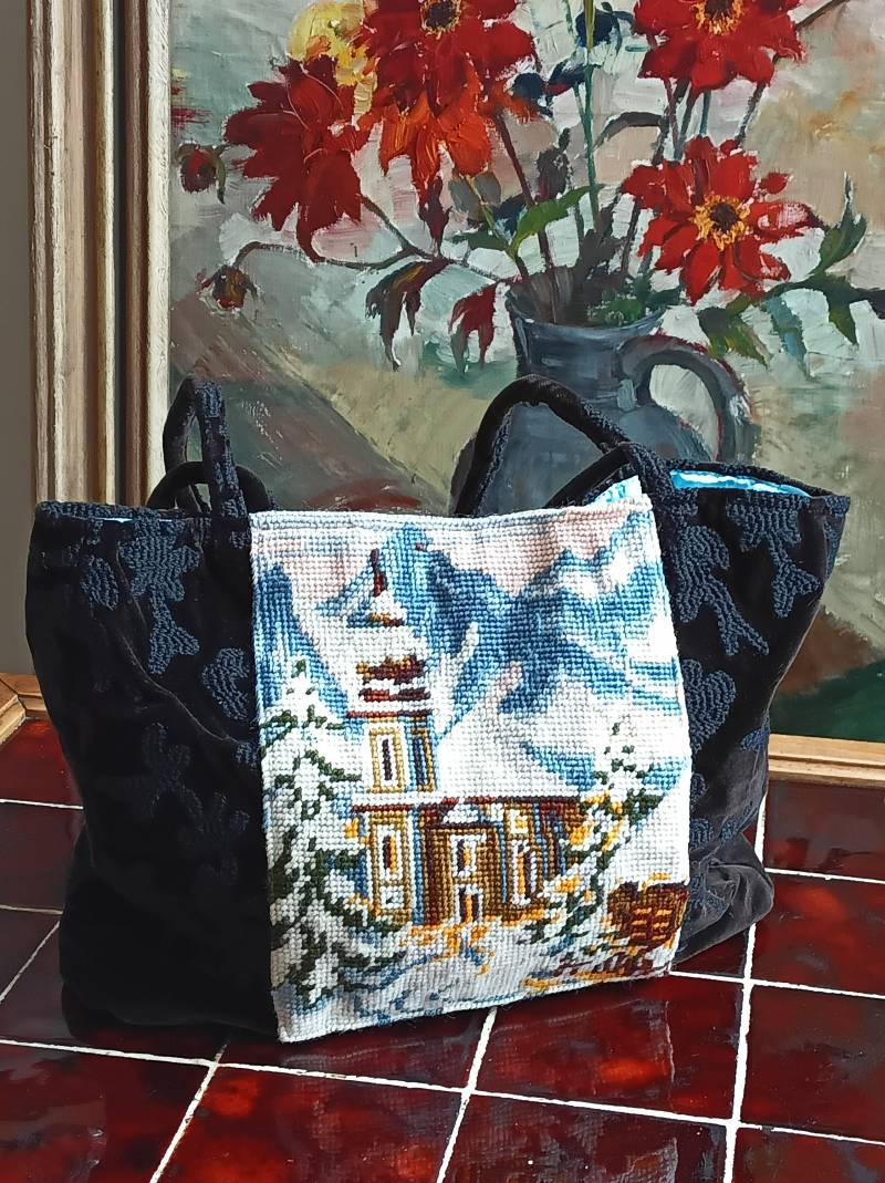 Tasche Mit Handgesticktem Gobelinbild Winter in Den Bergen von BewahrteSchaetze