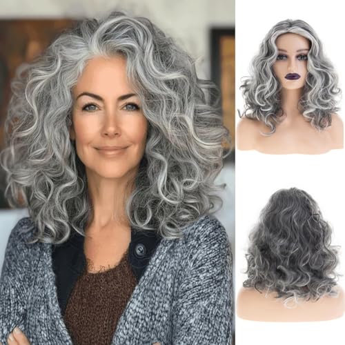Beweig Frauen lange lockige graue Perücke mittlerer Teil synthetische Halloween Cosplay Kostüm von Beweig