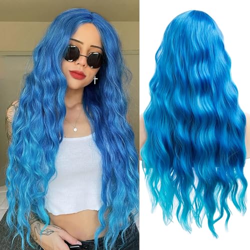 Beweig Frauen lange lockiges Haar wellige blaue Perücke Cosplay Kostüm Halloween Perücke Synthetische mittlere Split Ersatz Perücke mit Perücke Mütze von Beweig