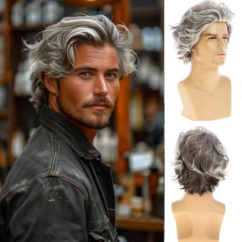 Beweig Herren Perücke Kurze Braun Gemischte Weiß Layered Synthetische Halloween Cosplay Kostüm von Beweig