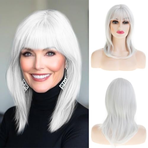 Beweig Layered White Perücken für Frauen Schulter Länge Gerade Perücke mit Bangs Natürliche Synthetische Cosplay Ersatz von Beweig
