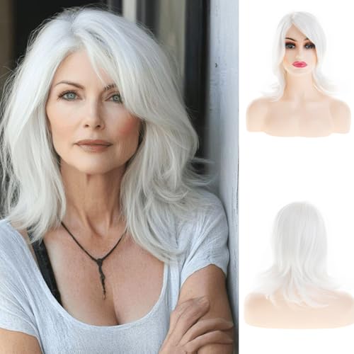 Beweig Weiße Perücke mit Bangs für Frauen natürliche Curly Bob Perücke mit Side Bangs synthetische hitzebeständige Perücken für tägliche Party von Beweig