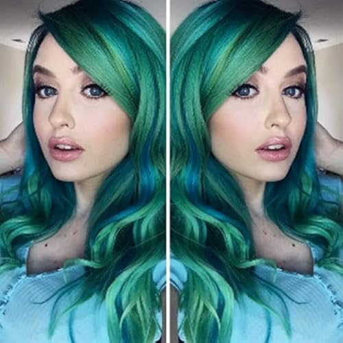 Beweig Frauen Lange Locken Grüne Wellen Perücke Blau Hochglanz Kunsthaar Seite Natürliche Wellen Kostüm Halloween Frauen von Beweig