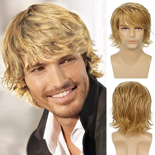 Herren Perücke Blond Kurz Haare Layered Wave Perücken mit Pony Synthetische Cosplay Perücke Kostümparty Halloween Party von Beweig