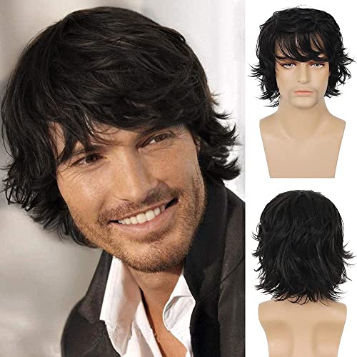 Beweig Herren Perücke Schwarz Kurz Haare Layered Wave Perücken mit Pony Synthetische Cosplay Perücke Kostümparty Halloween Party von Beweig