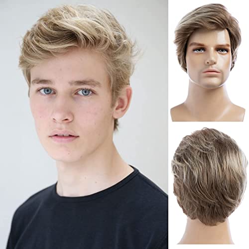 Herrenperücke blond kurz geschichtet Cosplay Haar Perücke synthetische volle Perücke mit Perücke Mütze von Beweig