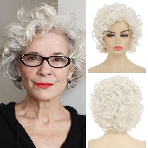 Beweig Kurze Locken Creme Weiß Frauen Perücke Synthetische natürliche Locken Layered Halloween Cosplay von Beweig