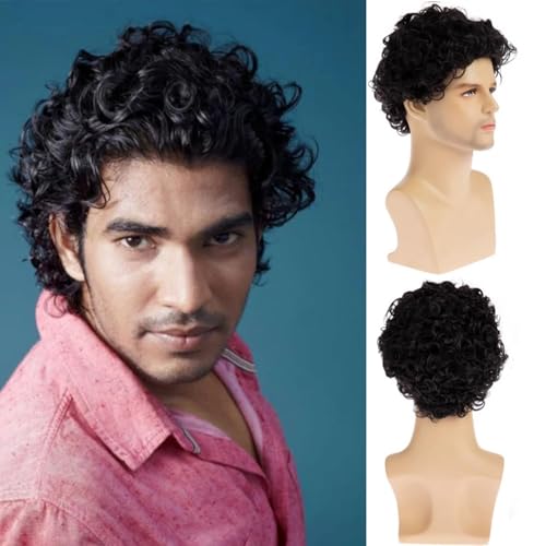 Kurze lockige Herren schwarze Perücke Flauschige synthetische Cosplay Halloween Haar Männer Perücke von Beweig