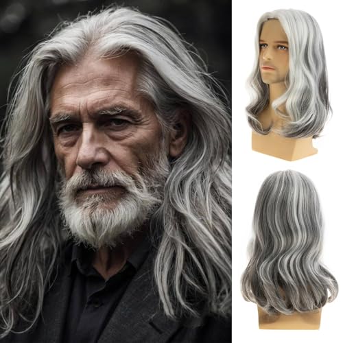 Beweig Lange lockige grau weiße Perücke für Männer synthetische natürliche Party Halloween Cosplay Haar Perücke von Beweig