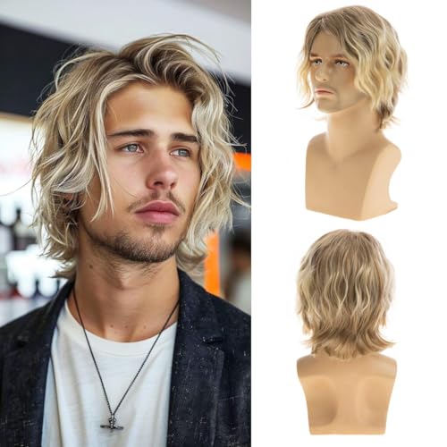 Beweig Männer kurze blonde Perücke natürliche lockige flauschige Haare Perücke synthetische Cosplay Ersatz Perücke für Männer von Beweig