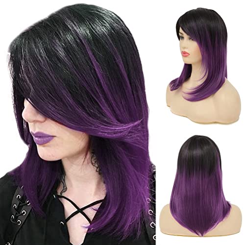 Ombré Perücke für Damen schwarz lila mittellang gerade natürlich aussehender Seitenteil synthetische Vollperücke für die tägliche Party, Halloween von Beweig