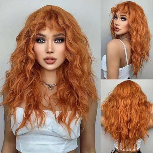 Beweig Orange lange wellige Perücke mit Pony natürliche synthetische hitzebeständige tägliche Cosplay Haare Perücke für Frauen von Beweig