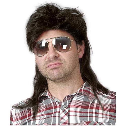 Beweig Männer Schwarz Vokuhila 80er Mullet Perücke Herren Lang Synthetische Haare Cosplay Halloween Kostüm Party von Beweig