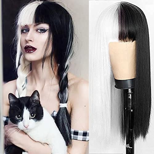 Perücke halb Weiß halb Schwarz Lang Glatt Haar Perücke mit Pony Synthetische Cosplay Perücke für Damen Hitzebeständige Halloween Karneval Party von Beweig