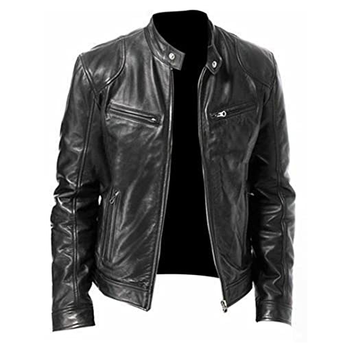 Herren Casual Fashion Stehkragen Slim PU Lederjacke Einfarbig Lederjacke Männer Anti-Wind Motorrad Schwarz L von Bewellan