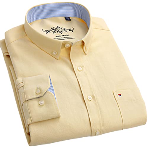 Herren Mode Langarm Solid Oxford Hemd Einzelne Aufgesetzte Tasche Einfaches Design Casual Standard-Fit Button-Down Kragen Hemden Gelb 42 von Bewellan