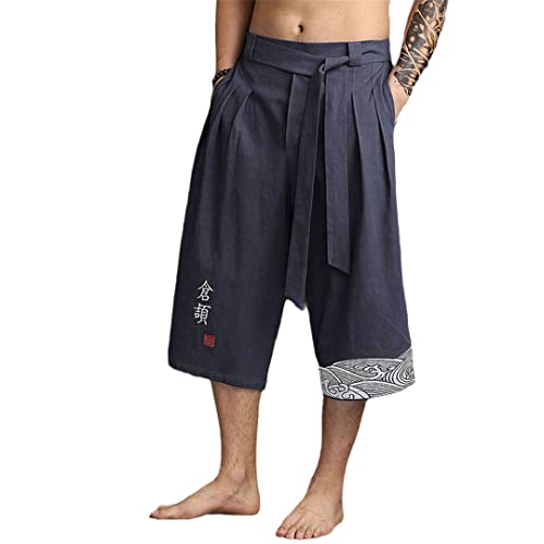 Japanische Kimono-Traditionelle Hose für Herren, asiatische Kleidung, Badehose, lässig, locker, männlich, Japan-Stil, Leinen, kurze Hose, Blau, Gewicht 55–65 kg von Bewellan