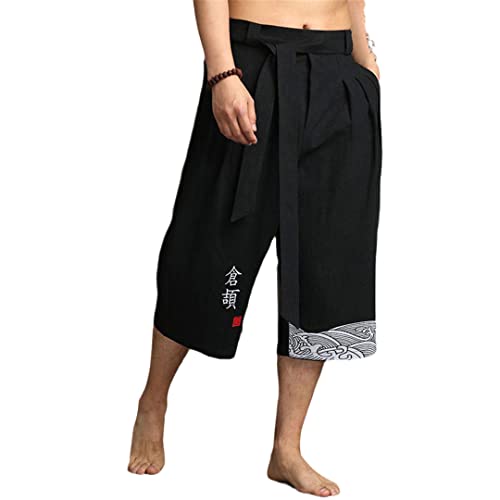 Bewellan Japanische Kimono-Traditionelle Hose für Herren, asiatische Kleidung, Badehose, lässig, locker, männlich, Japan-Stil, Leinen, kurze Hose, Schwarz, L Gewicht 55–65 kg von Bewellan