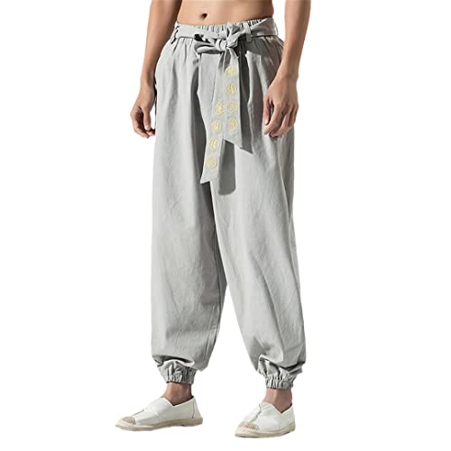 Japanische lässige Kimonohose lose Harajuku Hose Japan Herren traditionelle asiatische Kleidung Yukata Stil bestickt Haremskostüm hellgrau L von Bewellan