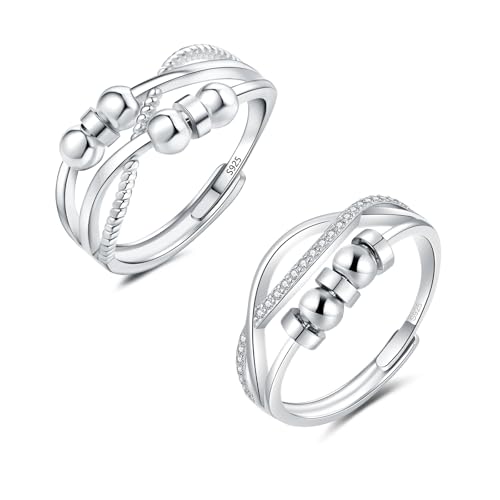 Bewenda Anxiety Ring Silber 925, 2PCS Anti Stress Ringe Set mit Bead, Offen Einstellbar Spinner Fidget Ringe Set, Silber Anti-Angst Ring mit Perlen Zirkonia, Trendy Dekompressionsringe mit Geschenkbox von Bewenda