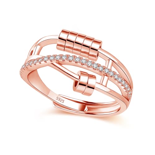 Bewenda Anxiety Ring Silber 925, 925 Sterling Silber Angstring mit Perlen, Verstellbar Anti Stress Ring mit 5A Zirkonia, Unendlichkeit Spinner Fidget Ringe für Damen, Stimmungsring gegen Angst Stress von Bewenda