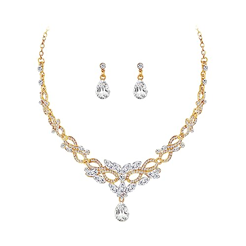 Bewenda Brautschmuck Set, Hochzeit Schmucksets für Damen, Wassertropfen-Ohrringe Gold Strass Halskett Glitzer Modeschmuck, Hochzeitsschmuck für Braut Brautjungfern, Choker klar Strass-Halskette Set von Bewenda