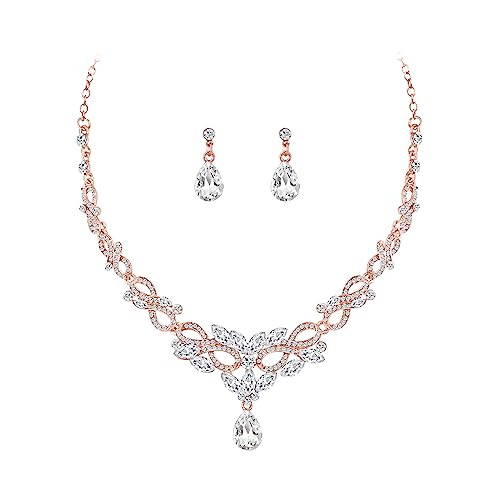 Bewenda Brautschmuck Set, Hochzeit Schmucksets für Damen, Wassertropfen-Ohrringe Rose Gold Strass Halskett Glitzer Modeschmuck, Hochzeitsschmuck für Braut Brautjungfern, klar Strass-Halskette Set von Bewenda