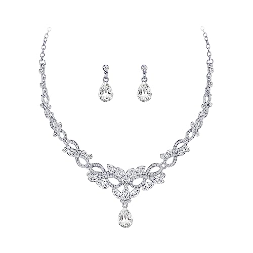 Bewenda Brautschmuck Set, Hochzeit Schmucksets für Damen, Wassertropfen-Ohrringe Weißgold Strass Halskett Glitzer Modeschmuck, Hochzeitsschmuck für Braut Brautjungfern, klar Strass-Halskette Set von Bewenda