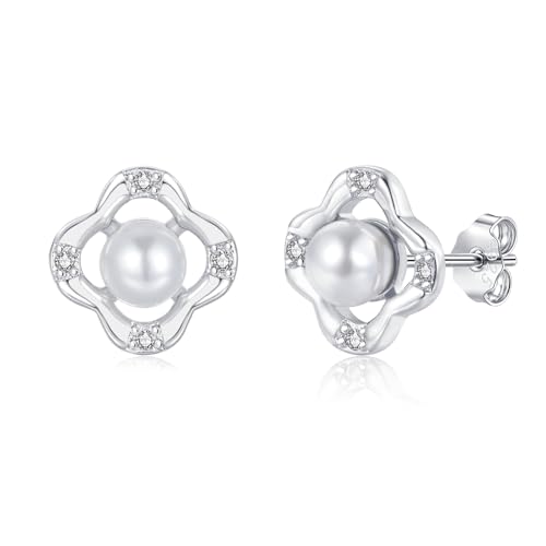 Bewenda Ohrstecker Silber 925 Damen, 925 Sterling Silber Vierblättriges Kleeblatt Ohrstecker, Hypoallergen Ohrringe Stecker mit Perle Zirkonia, Delikate Blumen-Ohrringe Silber 925 Stecker Klein 8mm von Bewenda