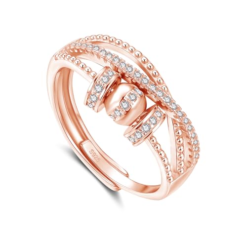 Bewenda Silber 925 Anxiety Ring, 925 Sterling Silber Spinner Fidget Ringe für Damen Mann, Offen Einstellbar Angstring mit Perlen Bead, Anti Stress Ring mit Zirconia, Stimmungsring gegen Angst Stress von Bewenda
