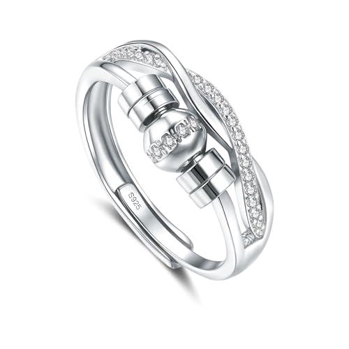 Bewenda Silber Anxiety Ring für Damen, Sterling Silber 925 Angst Ringe mit Perlen, Offen Verstellbar Anti Stress Ringe, Zirkonia Spinner Fidget Ring mit Bead, Hypoallergen Stimmungsringe gegen Stress von Bewenda