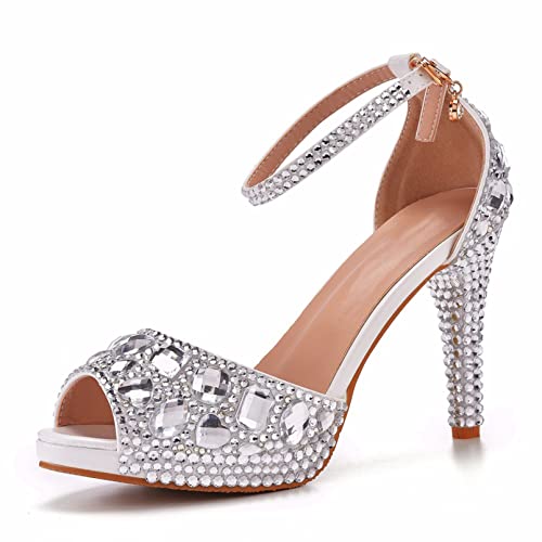 Hochzeitsschuhe 10 Cm Braut- Und Brautjungfernschuhe Große Sandalen Farbe Strass High Heels Offene Spitze Stiletto-Riemensandalen Hochzeitsbankett Bühnensandalen,Silber,34 EU von Bewinch