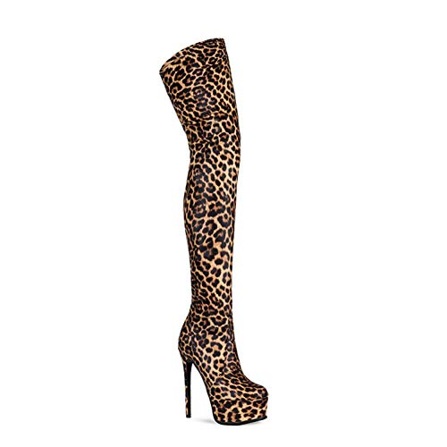 Overknee Stiefel, Sexy Oberschenkel Hohe Stiletto, Seitenreißverschluss Mit Wasser-Plattform Art Und Weise Leopard-Aufladungen Geeignet Für Maskerade, Party, Bar, Bühnenproduktionen,Leopard,EU37 von Bewinch