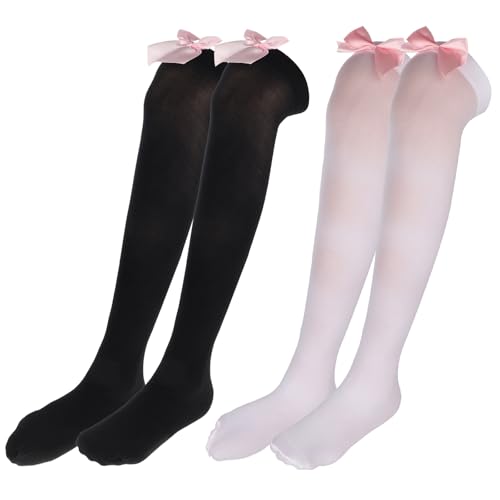 Bewudy 2 Paar Bogen Strümpfe Damen, Oberschenkelstrümpfe mit Schleife für Frauen und Mädchen, Kniestrümpfe für Kleid Halloween Weihnachten Tägliches (Weiß+Schwarz) von Bewudy