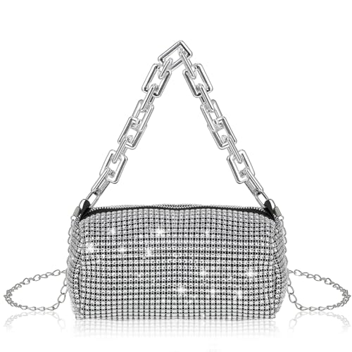 Bewudy Abendtasche Damen Clutch, Glitzer Abendtasche, Strasssteine Clutches, Kettentasche Handtasche Schultertaschen für Hochzeit Date Party Bankett Feiertage(silber) von Bewudy