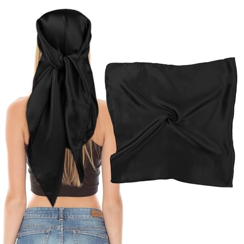 Bewudy Einfarbiger Kopftuch Seidentuch Halstuch für Damen, Einfaches Satin Bandana Schlaf Bandana Headscarf Haarschmuck 90 * 90cm Große Quadrat Schals(Schwarz) von Bewudy