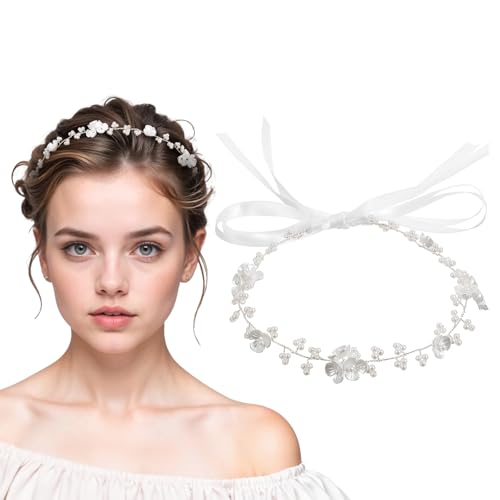 Bewudy Haarschmuck Kommunion Mädchen, Prinzessin Blumenkranz Haare Kinder Weiße Perlen Blumenstirnband Blumen Haarkranz Braut Haarschmuck Perle Stirnband für Party Fotografie Geburtstag Hochzeit von Bewudy