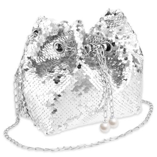 Bewudy Strass Abendtaschen Clutches, Eimer Handtasche, silberne handtasche damen Glitzer Abendtasche, Kettentasche Schultertaschen für Hochzeit Party Freizeit Date(Silber) von Bewudy