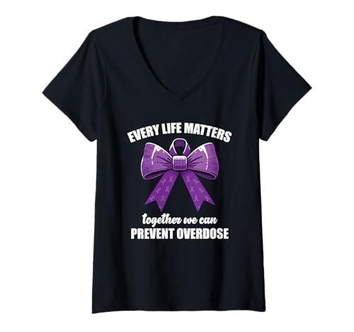 Damen Every Life Matters Prevent Overdose Awareness Purple Ribbon T-Shirt mit V-Ausschnitt von Bewusstsein schaffen: Überdosis Familienangehörige