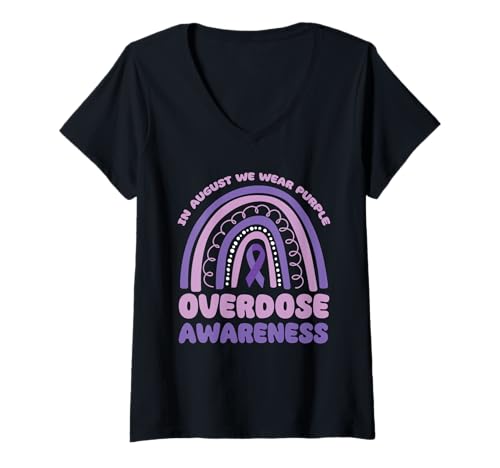 Damen In August We Wear Purple Overdose Awareness Regenbogen T-Shirt mit V-Ausschnitt von Bewusstsein schaffen: Überdosis Familienangehörige